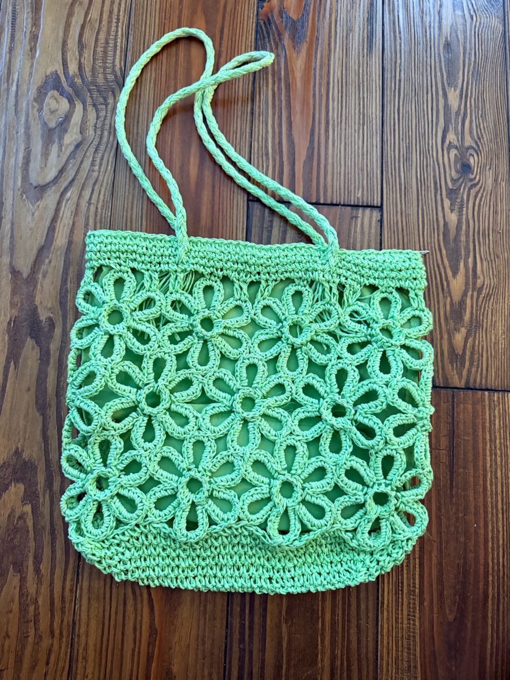 Green Crochet Floral Tote Bag
